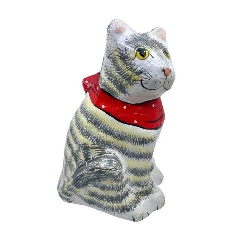 Vintage Large Paper Mache Striped Cat with red handkerchief Statue